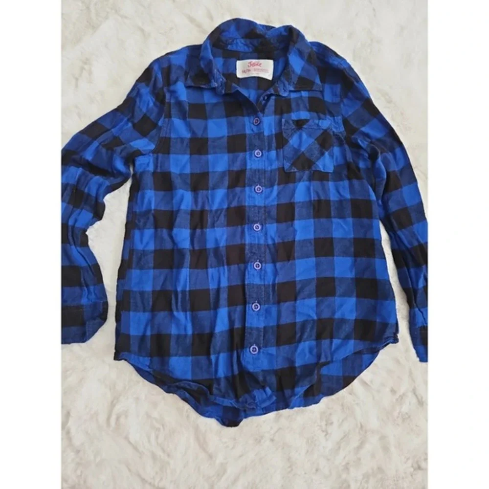 Justice‎ Girls Blue & Black Buffalo Plaid Flannel Button Down Shirt Size 14/16